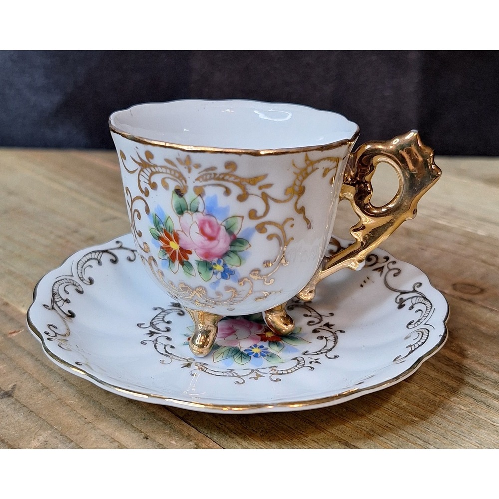 Vintage 1950s Fairyland China Footed Teacup & Saucer Set Floral Gold Gilt Japan
